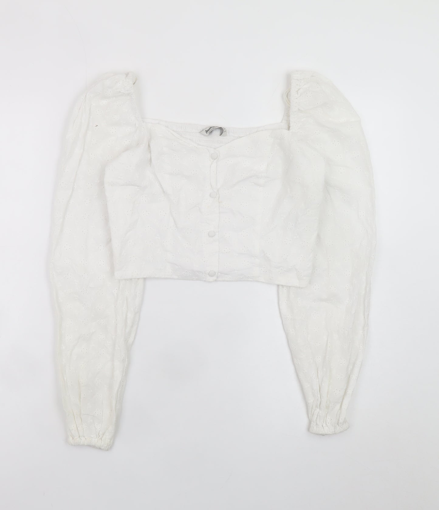 Stradivarius Women’s White Cropped Lace Blouse Puff Sleeve Size 8