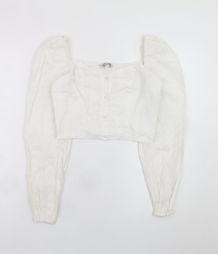 Stradivarius Women’s White Cropped Lace Blouse Puff Sleeve Size 8