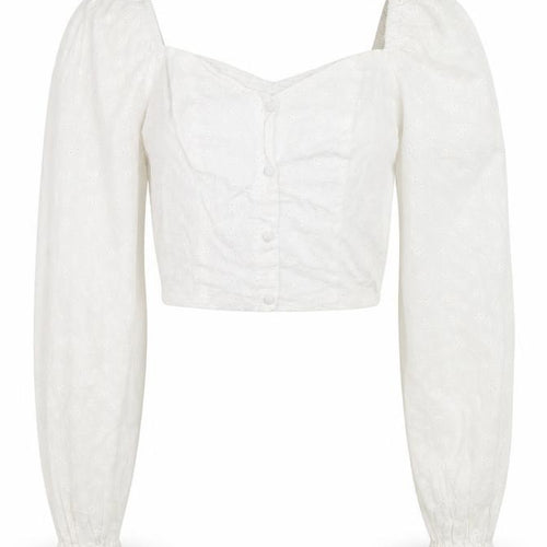 Stradivarius Women’s White Cropped Lace Blouse Puff Sleeve Size 8