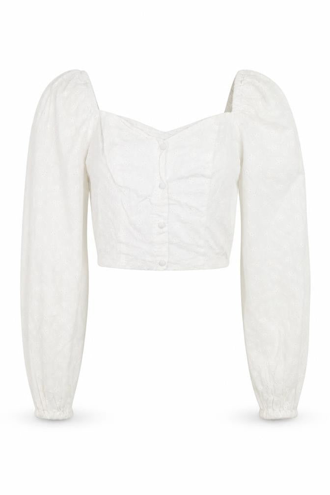 Stradivarius Women’s White Cropped Lace Blouse Puff Sleeve Size 8