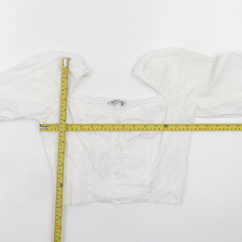 Stradivarius Women’s White Cropped Lace Blouse Puff Sleeve Size 8