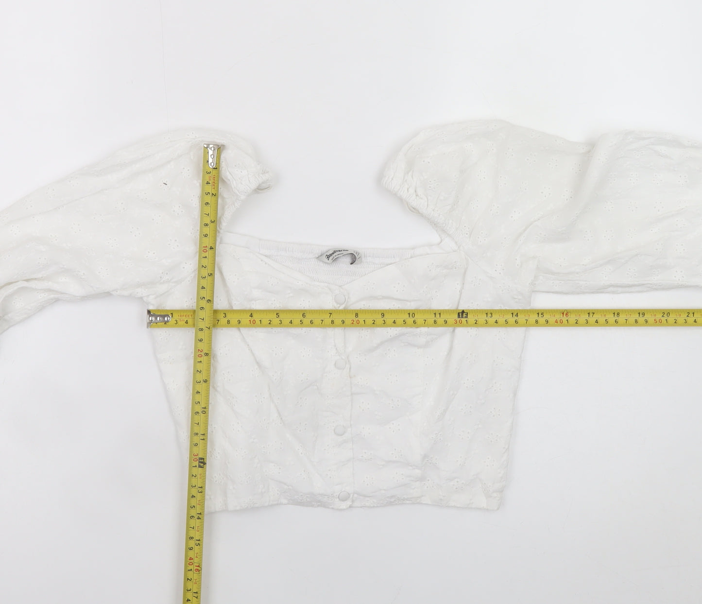 Stradivarius Women’s White Cropped Lace Blouse Puff Sleeve Size 8