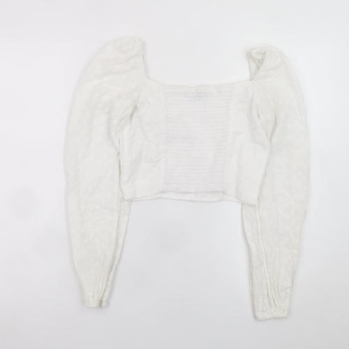 Stradivarius Women’s White Cropped Lace Blouse Puff Sleeve Size 8