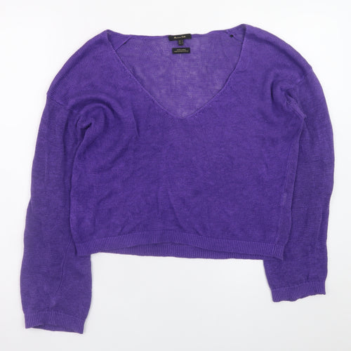 Massimo Dutti Women Purple Small V-Neck Long Sleeve Linen Jumper