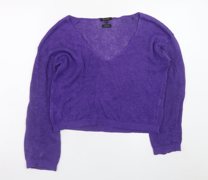 Massimo Dutti Women Purple Small V-Neck Long Sleeve Linen Jumper