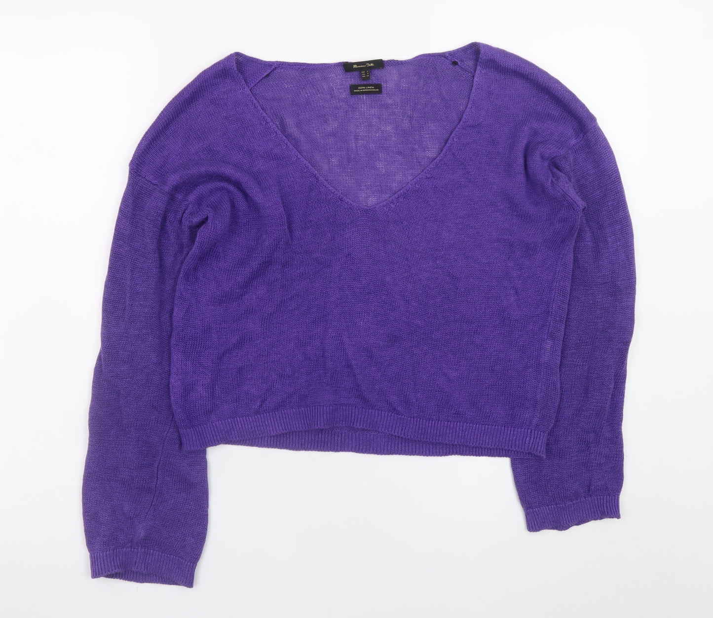Massimo Dutti Women Purple Small V-Neck Long Sleeve Linen Jumper