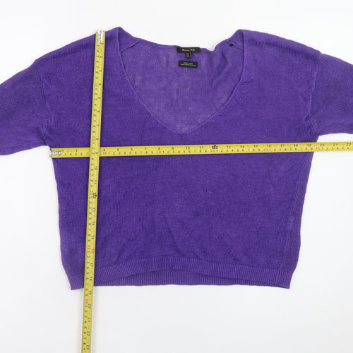 Massimo Dutti Women Purple Small V-Neck Long Sleeve Linen Jumper