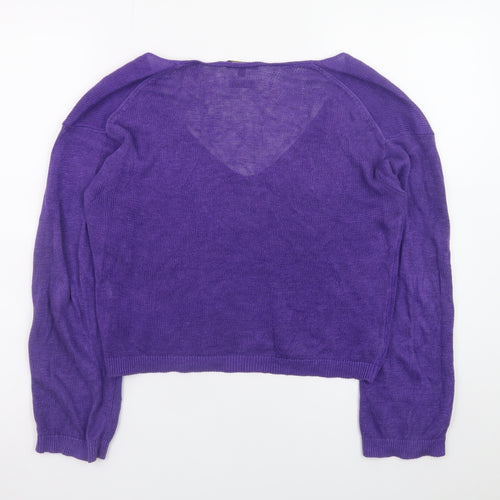 Massimo Dutti Women Purple Small V-Neck Long Sleeve Linen Jumper