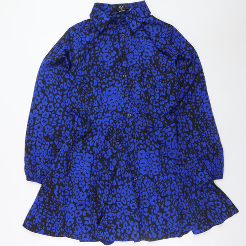 AX Paris Women's Blue Animal Print Long Sleeve Shirt Dress Size 12