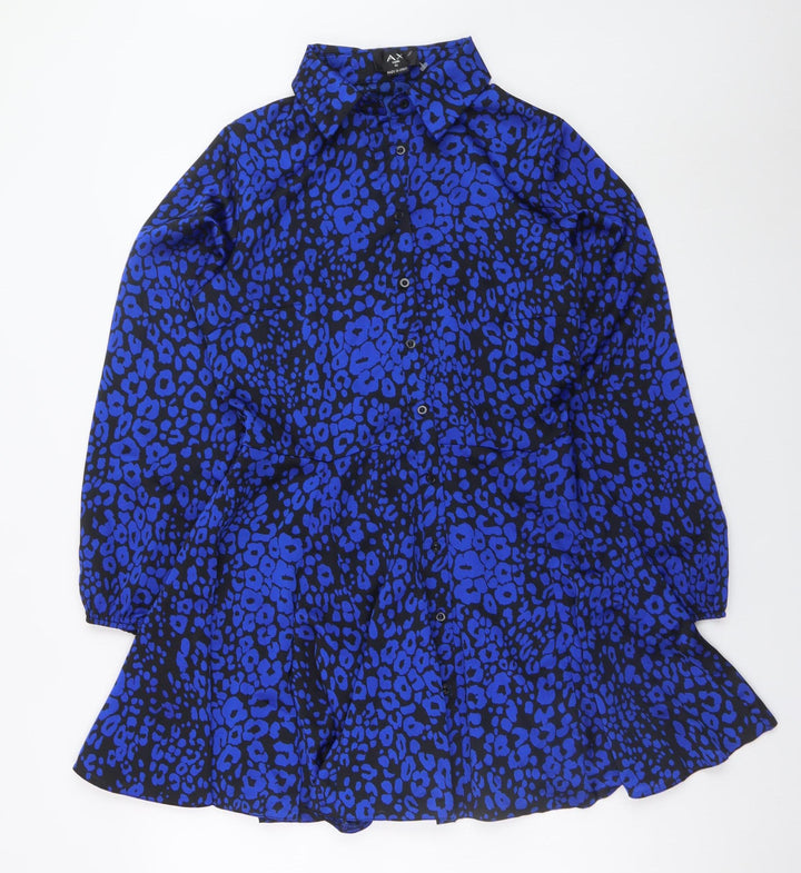AX Paris Women's Blue Animal Print Long Sleeve Shirt Dress Size 12