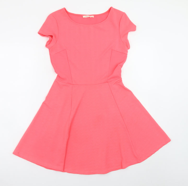 Bershka Women's Pink Skater Dress Size 12 Short Sleeve Scoop Neck