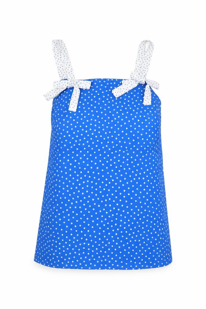 Front view of Savida Women's Blue Polka Dot Bow Strap Camisole Top, size S