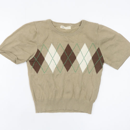 STR Women’s Beige Argyle Short Sleeve Knit Pullover Jumper Size 12