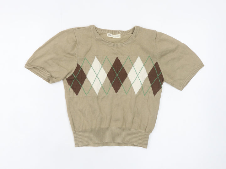 STR Women’s Beige Argyle Short Sleeve Knit Pullover Jumper Size 12