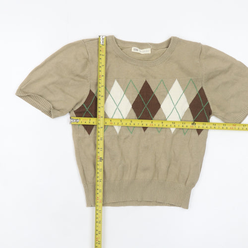 STR Women’s Beige Argyle Short Sleeve Knit Pullover Jumper Size 12
