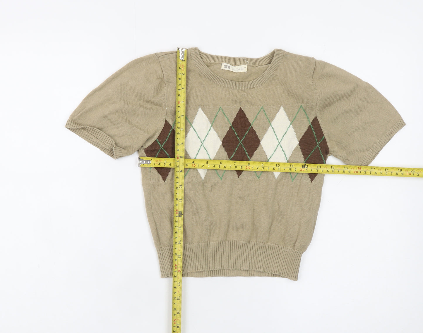 STR Women’s Beige Argyle Short Sleeve Knit Pullover Jumper Size 12
