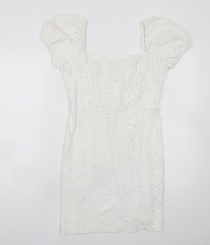 ASOS Women White Size 10 Short Puff Sleeve Cotton Shift Dress
