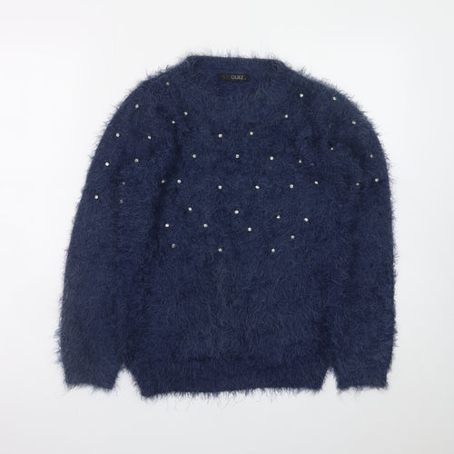 Quiz Women's Blue Beaded Fuzzy Knit Long Sleeve Jumper S