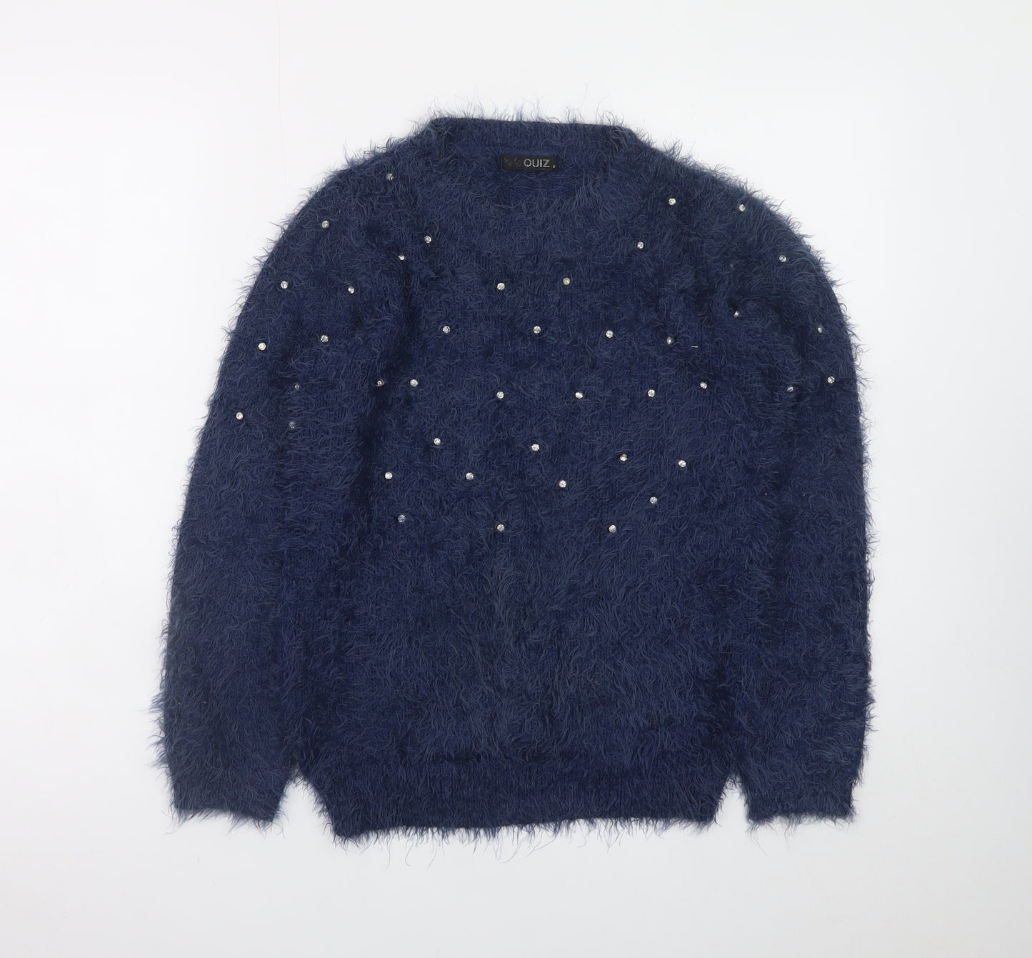 Quiz Women's Blue Beaded Fuzzy Knit Long Sleeve Jumper S
