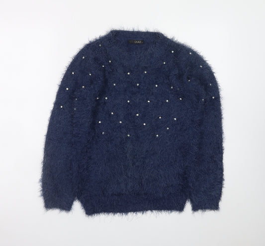 Quiz Women's Blue Beaded Fuzzy Knit Long Sleeve Jumper S
