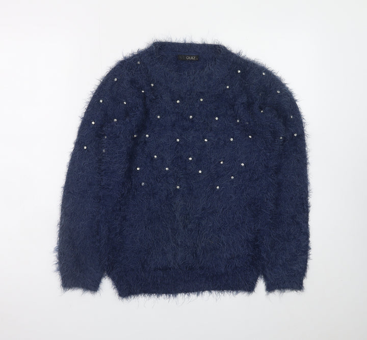 Quiz Women's Blue Beaded Fuzzy Knit Long Sleeve Jumper S