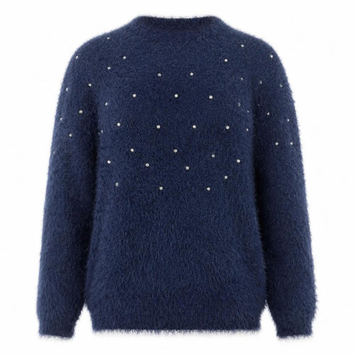 Quiz Women's Blue Beaded Fuzzy Knit Long Sleeve Jumper S