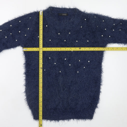 Quiz Women's Blue Beaded Fuzzy Knit Long Sleeve Jumper S