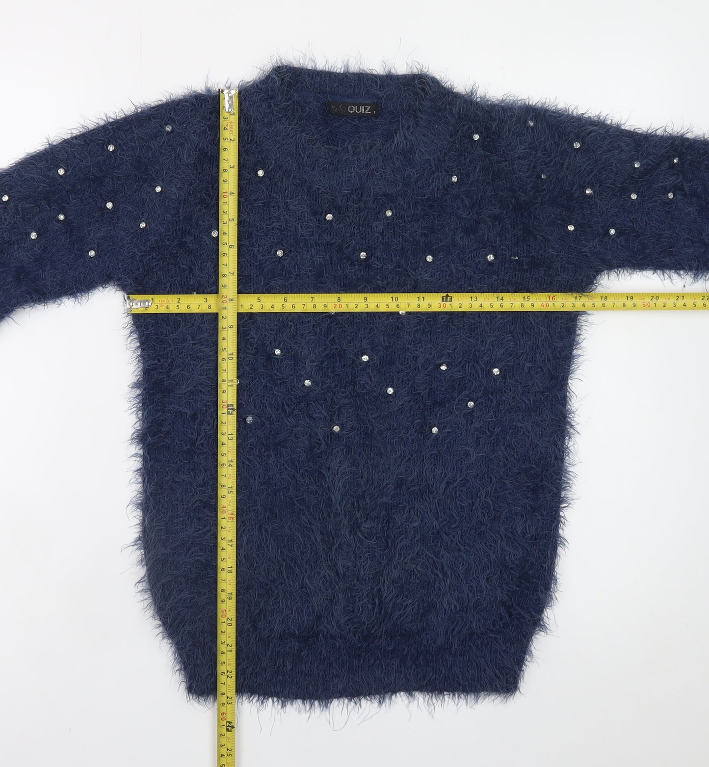 Quiz Women's Blue Beaded Fuzzy Knit Long Sleeve Jumper S