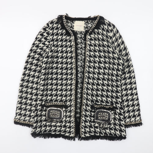 ZARA Knit Women Black & White Cardigan Small Houndstooth Beaded