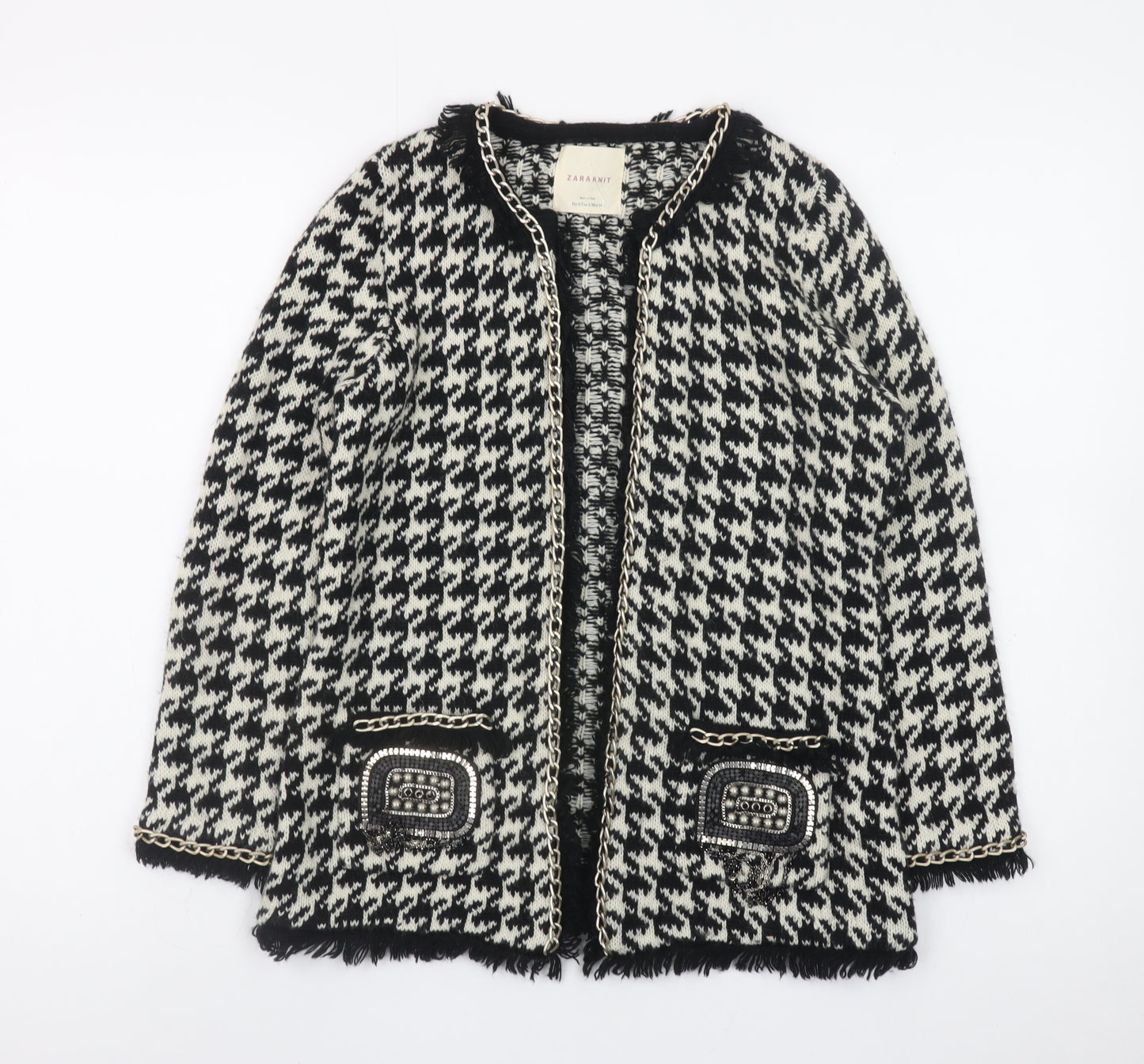 ZARA Knit Women Black & White Cardigan Small Houndstooth Beaded