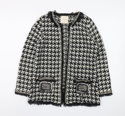ZARA Knit Women Black & White Cardigan Small Houndstooth Beaded