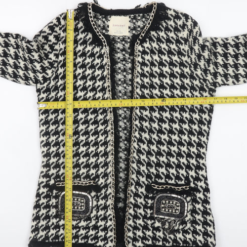 ZARA Knit Women Black & White Cardigan Small Houndstooth Beaded