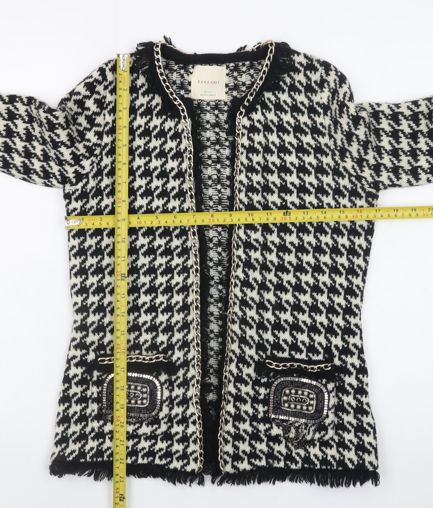 ZARA Knit Women Black & White Cardigan Small Houndstooth Beaded