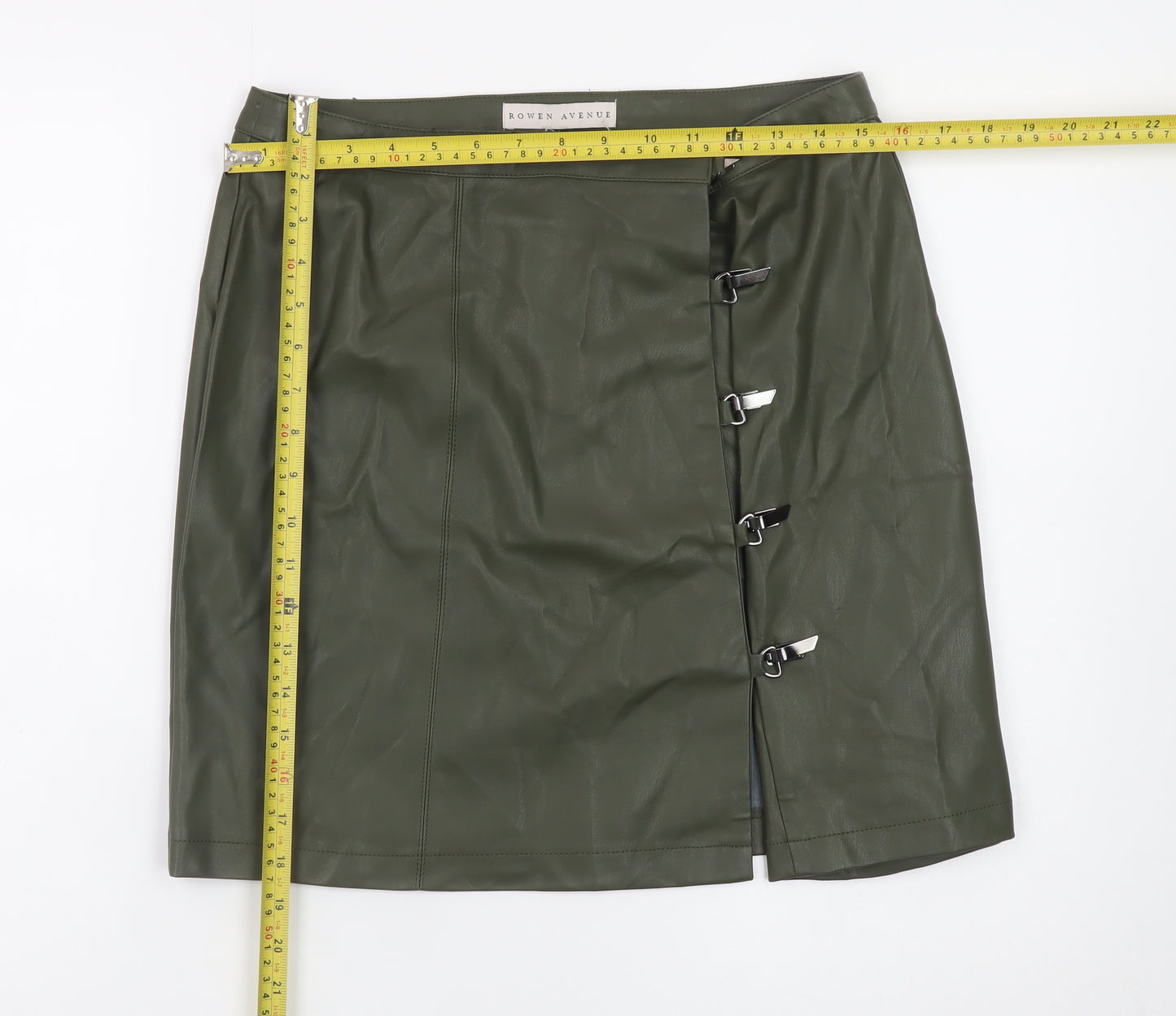 Rowen Avenue Women’s Green Faux Leather Buckle Mini Skirt M