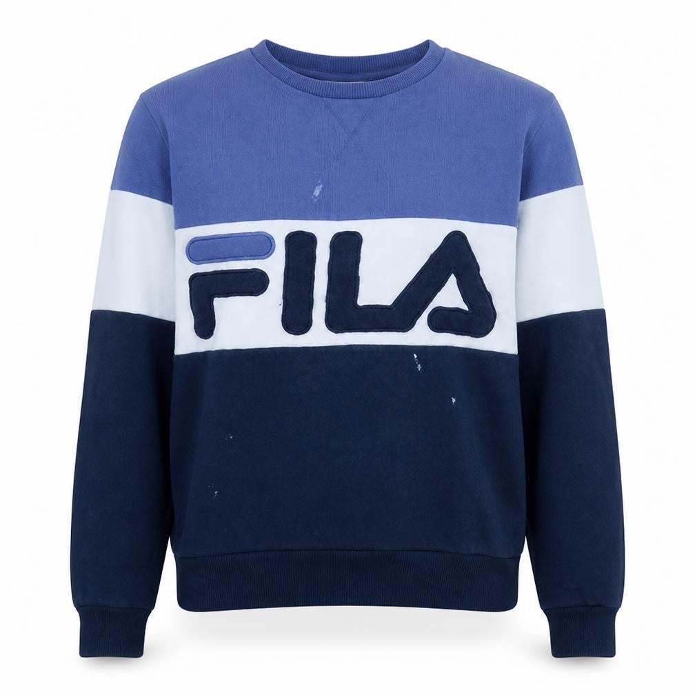 Front view of Fila women’s blue colourblock sweatshirt, size UK 10, crew neck pullover
