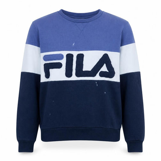 Front view of Fila women’s blue colourblock sweatshirt, size UK 10, crew neck pullover