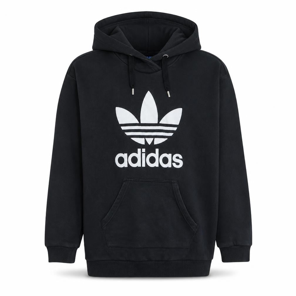 Front view of Adidas women’s black, size UK 8, pullover hoodie sweatshirt trefoil logo