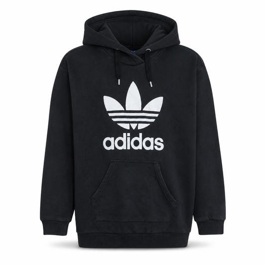 Front view of Adidas women’s black, size UK 8, pullover hoodie sweatshirt trefoil logo