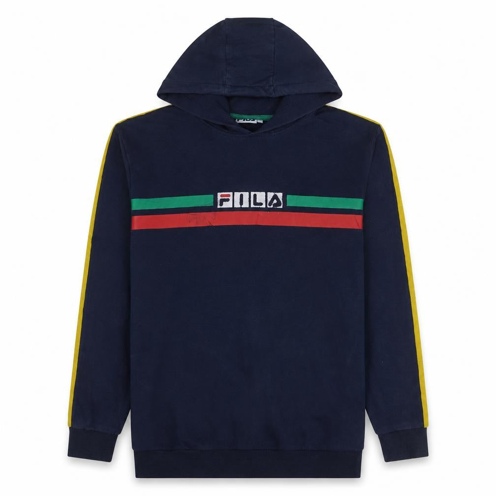 Front view of Fila Men's Blue Pullover Hoodie XS Logo Stripe Casual Sweatshirt