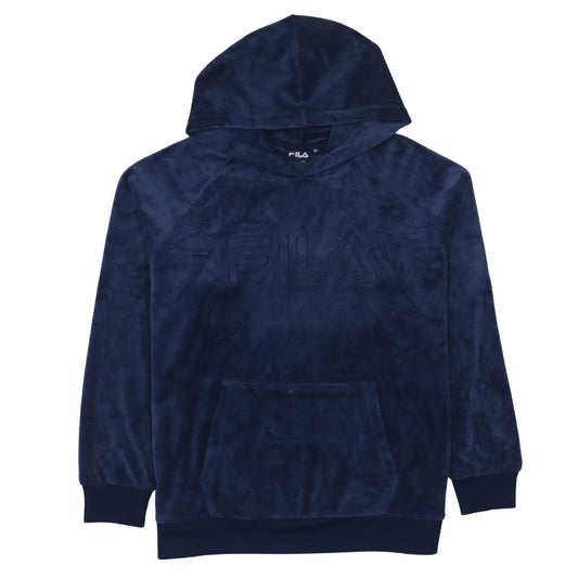 FILA Womens Navy Blue Velour Pullover Hoodie XL Relaxed Fit