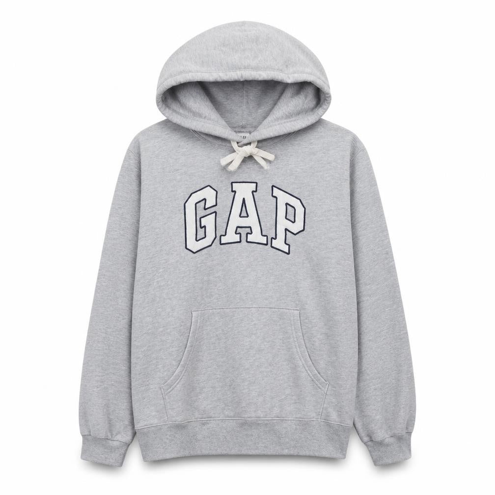 Front view of Gap Women Grey Pullover Hoodie M Logo Print Casual Cotton Blend