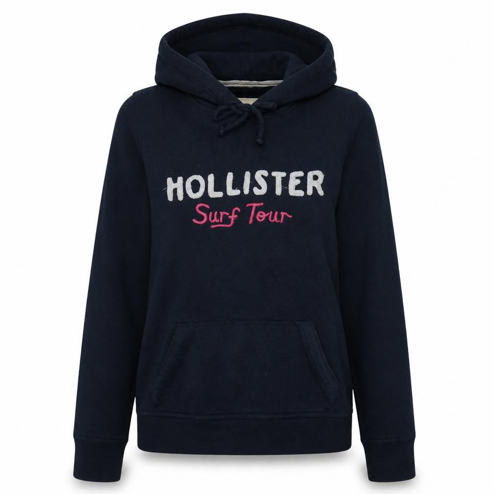 Hollister Womens Navy Blue Pullover Hoodie L Embroidered Surf Tour