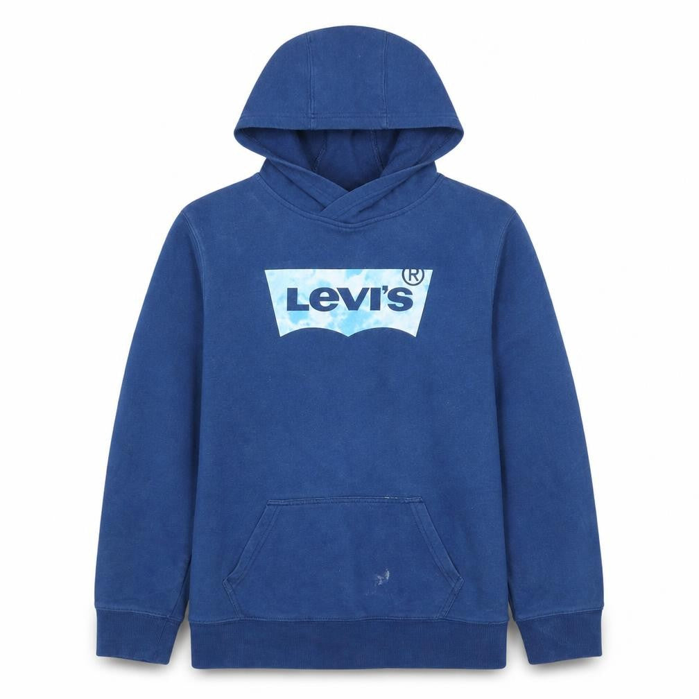 Front view of Levi's boys’ blue pullover hoodie 16 years logo graphic cotton sweatshirt