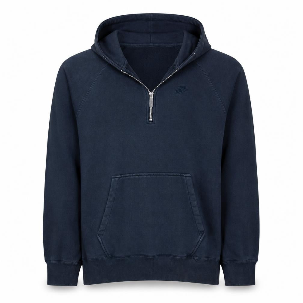 Front view of Nike men’s blue 1/2 zip hooded sweatshirt l regular fit