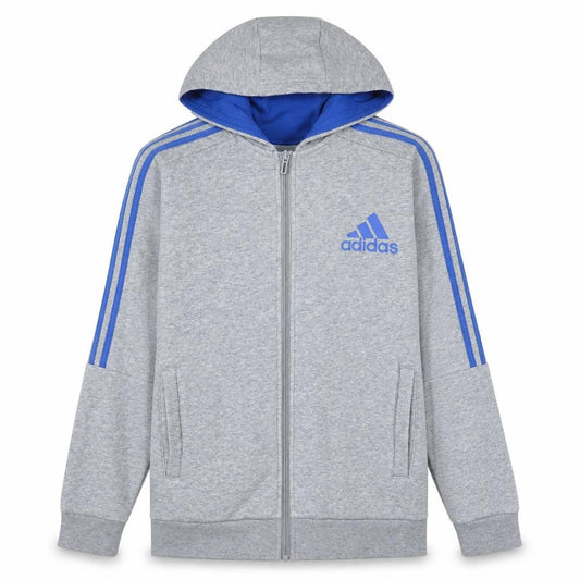 Front view of Adidas boys’ grey full zip hoodie 13-14 years sports logo fleece