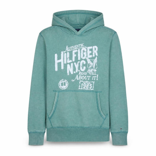 Front view of Tommy Hilfiger boys’ green pullover hoodie 13-14 years graphic logo sweatshirt