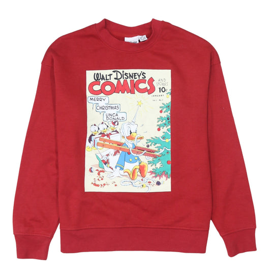 Front view of Disney women’s red christmas donald duck comic print sweatshirt xs