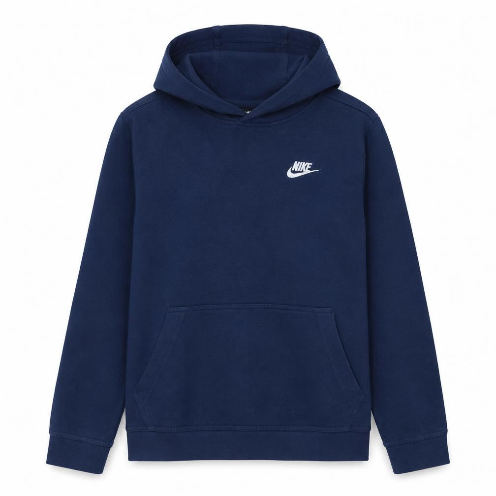 Front view of Nike Women's Navy Blue Pullover Hoodie L Cotton Blend Logo Casual