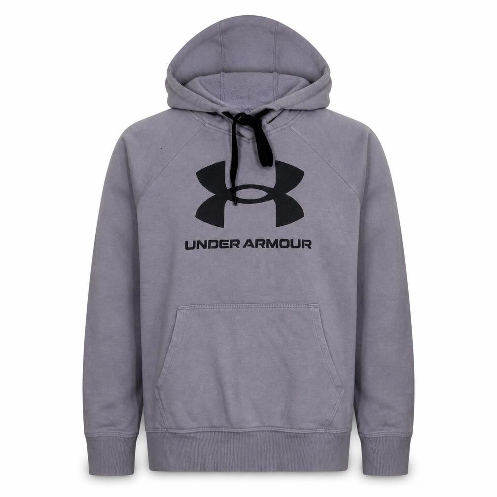 Front view of Under Armour Men’s Grey Pullover Hoodie Small Relaxed Fit Sportswear
