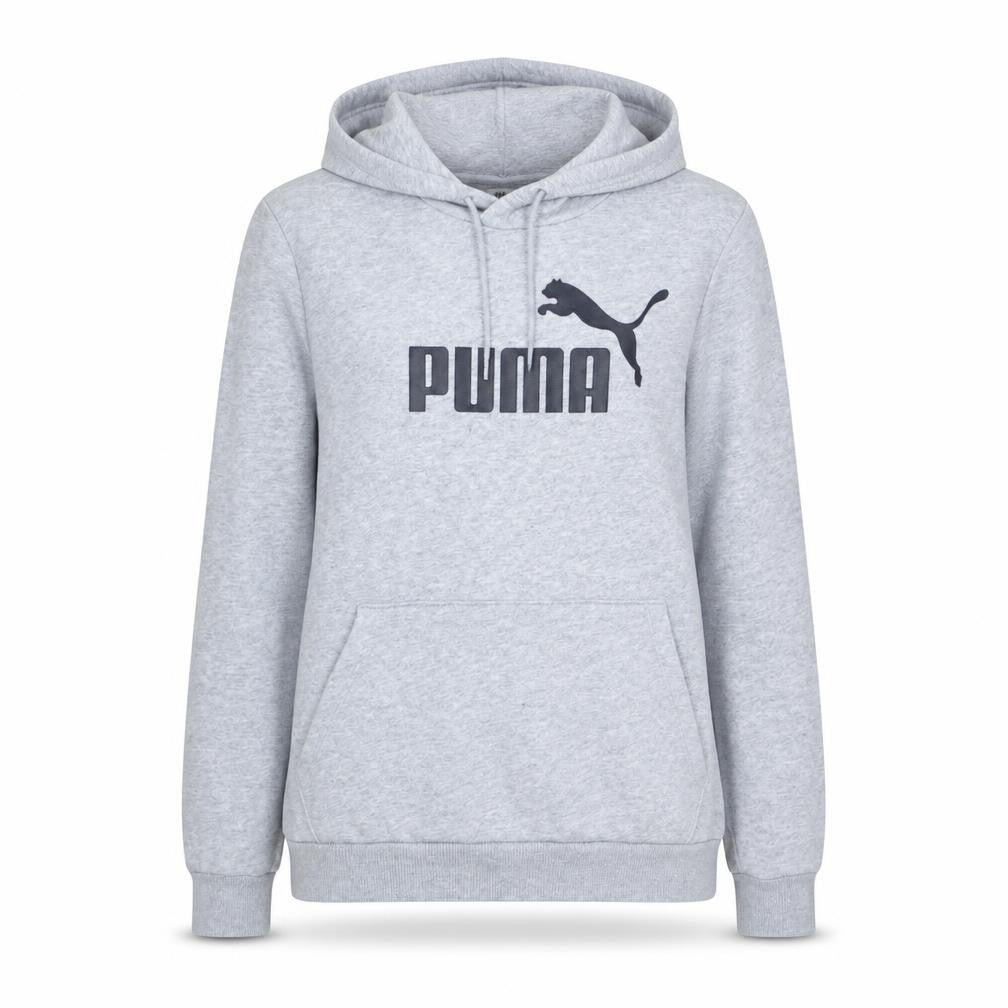 Front view of Puma women’s grey pullover hoodie, size UK 14, with logo design